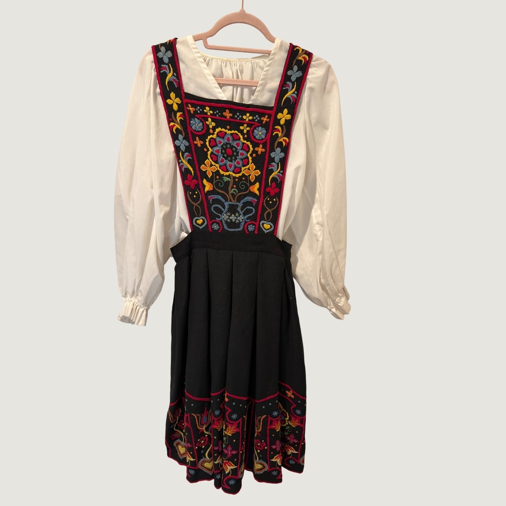 Vintage Norwegian Bunad Floral Embroidered Folk Dress Blouse Set
